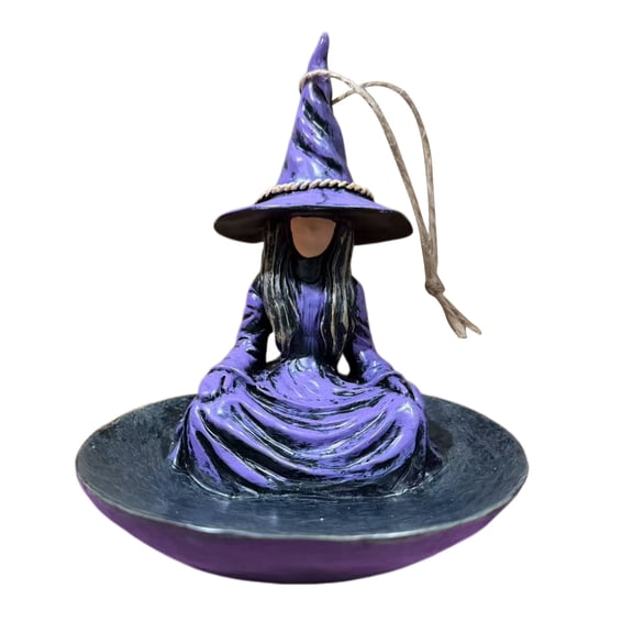 Hugtrea Meditating Witch Garden Bird Feeder Purple Hat Witch Wild Bird Seeds Tray with Rope Decorative Resin Hanging Feeder for Outside Zen Garden Patio Backyard