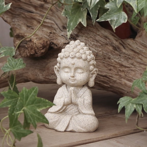 Hugtrea Mini Faux Sandstone Buddha Statue, Small Zen Monk Praying Sculpture, Resin Feng Shui Ornament for Wealth, Good Luck, Home Office Car Decor