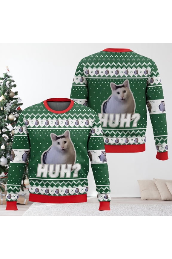 Huh Cat Meme 3D Christmas Sweater, Funny Cat Holiday Sweatshirt, Meme Christmas Sweater, Christmas Gift