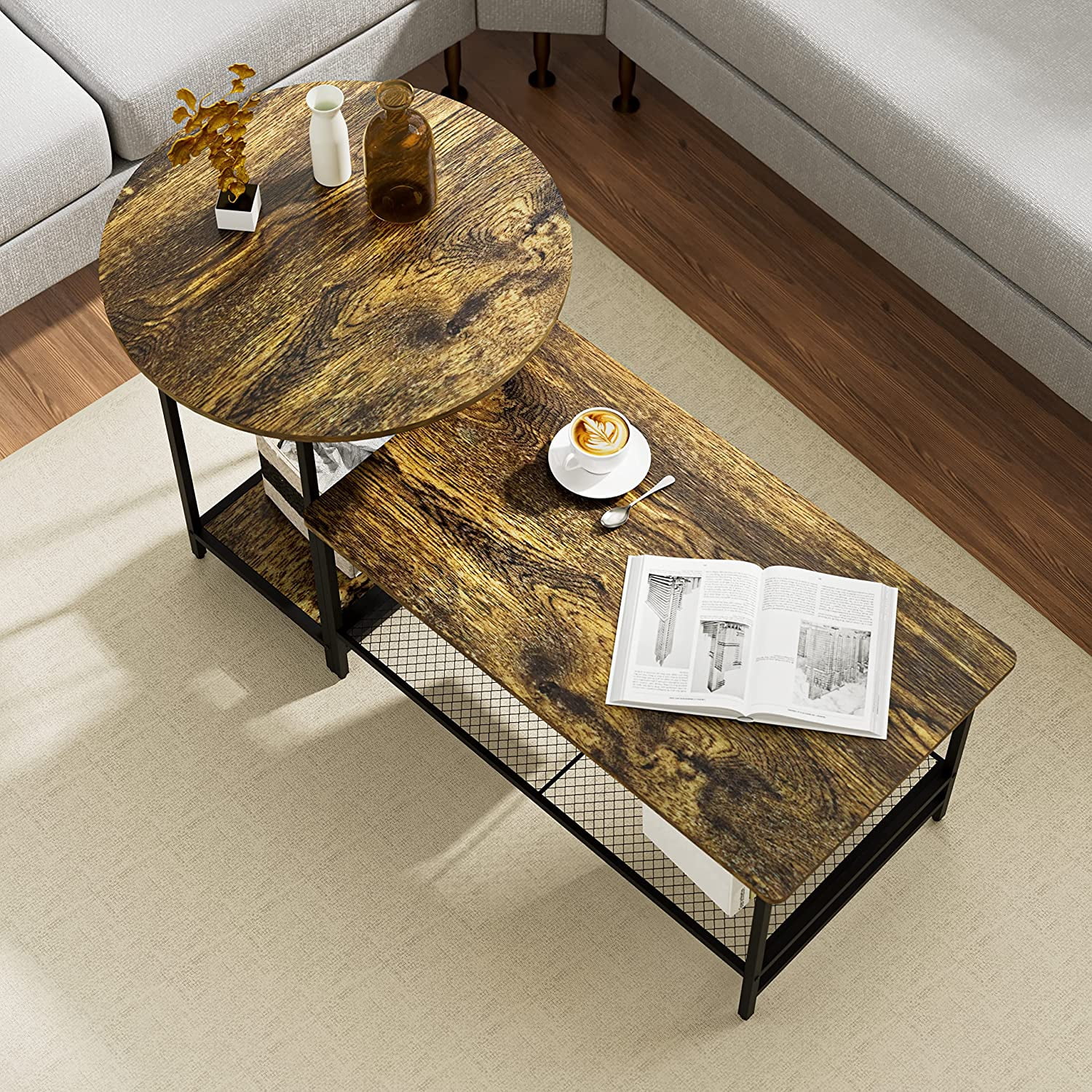 Huhote Coffee Table Set of 2 Shelf Storage Center End Side Table Modern ...