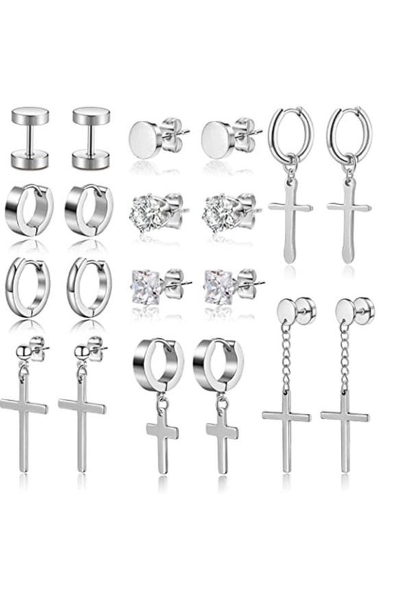 10 Set Long Chain Stud Cross Dangle Earrings Set Cool Titanium Steel Jewelry