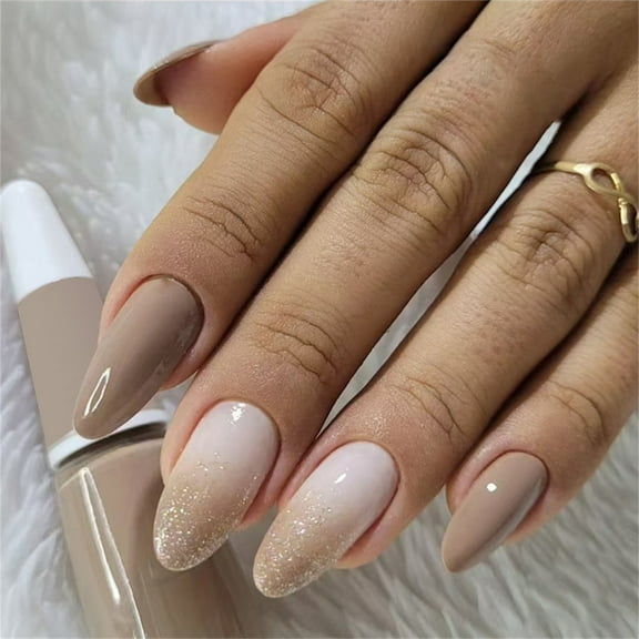 Huhudde 24Pcs Gradient Glitters Press On Nails Almond Shape Natural Look Easy Application For Daily Use And Party Occasion