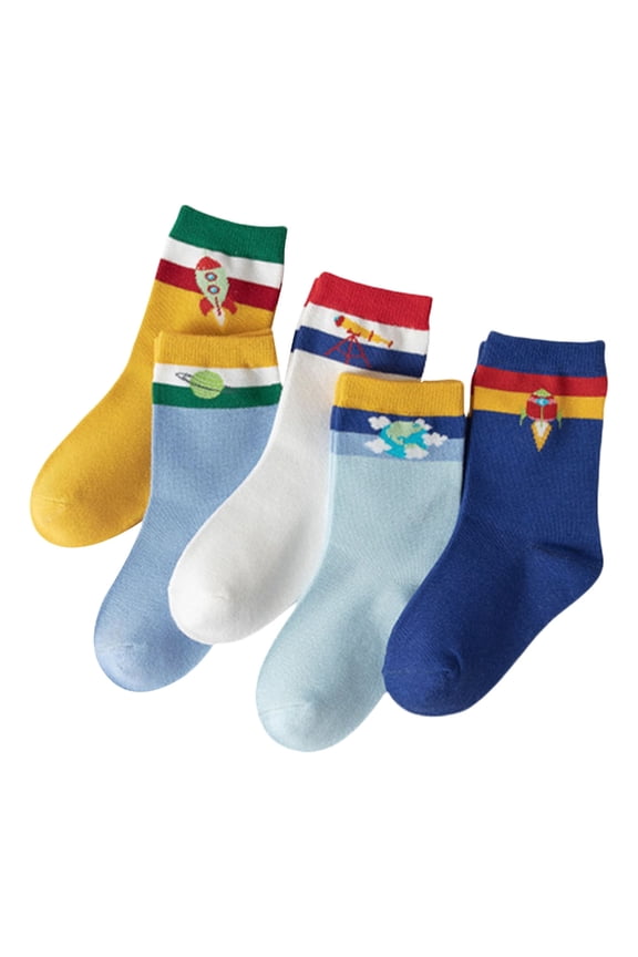 5 Pairs Combed Cotton Sports Socks for Kids Boys Girls Elastic Cuffs Design Gym Workout Casual Wear Cartoon Calf Socks