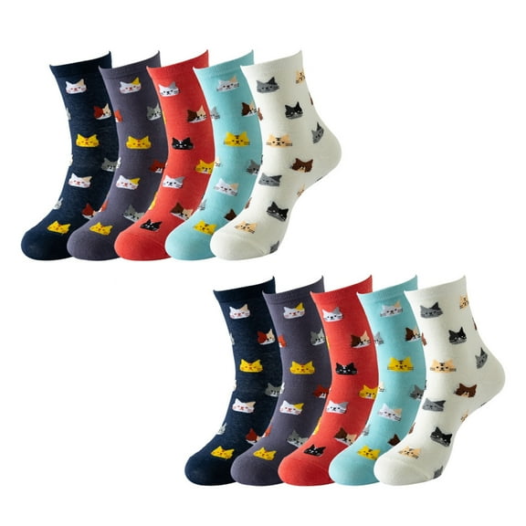 Huhudde 5 Pairs Women's Funny Animal Themed Socks Cotton Multicolored Cartoon Panda Cats Print Middle Calf Socks Hosiery