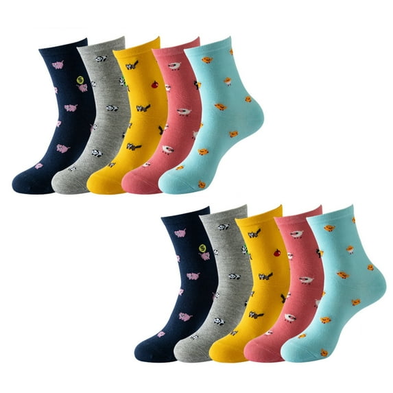 Huhudde 5 Pairs Women's Funny Animal Themed Socks Cotton Multicolored Cartoon Panda Cats Print Middle Calf Socks Hosiery