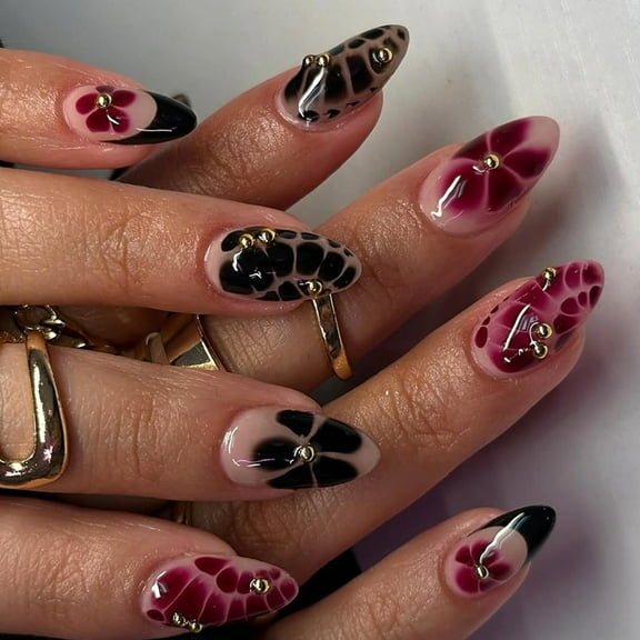 Huhudde Almond Press on Nails Glossy Fake Nails Stick on Nails in 12Size,24Pcs French Nails Tips for DIYS Nails Art Decorations