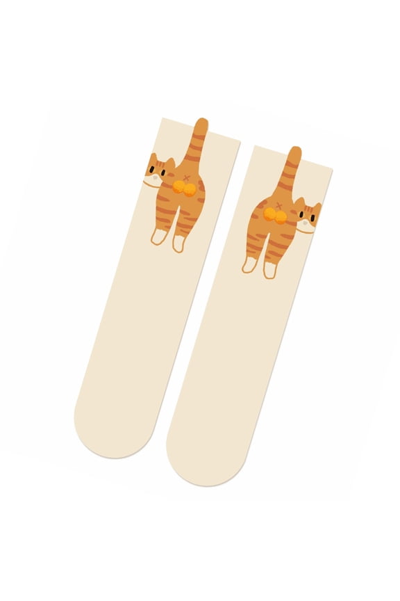 Cartoon Cats Pattern Middle Calf Socks For Women's Fashion Funny Fuzzy Balls Design Kitten Print Animal Cotton Socks