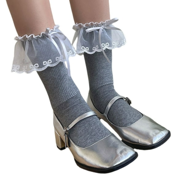 Huhudde Elegant Bowknot Decorated Ankle Socks for Women and Girls Sweet Sheer Ruffle Mesh Splicing Hosiery for Various Outfits