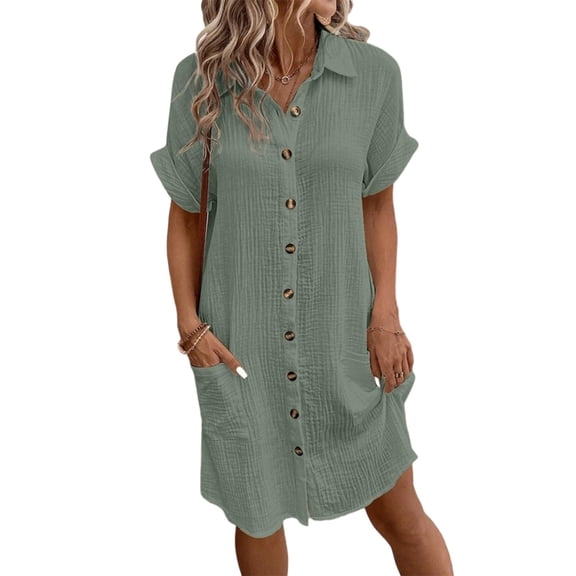 Huhudde Elegant Button Front Cotton Short Sleeve Shirt Dress Women Loose Fit V Neck Casual Blouse Dress Beachwear with Pockets
