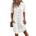 thumbnail image 1 of Huhudde Elegant Button Front Cotton Short Sleeve Shirt Dress Women Loose Fit V Neck Casual Blouse Dress Beachwear with Pockets, 1 of 17