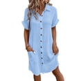 thumbnail image 1 of Huhudde Elegant Button Front Cotton Short Sleeve Shirt Dress Women Loose Fit V Neck Casual Blouse Dress Beachwear with Pockets, 1 of 17