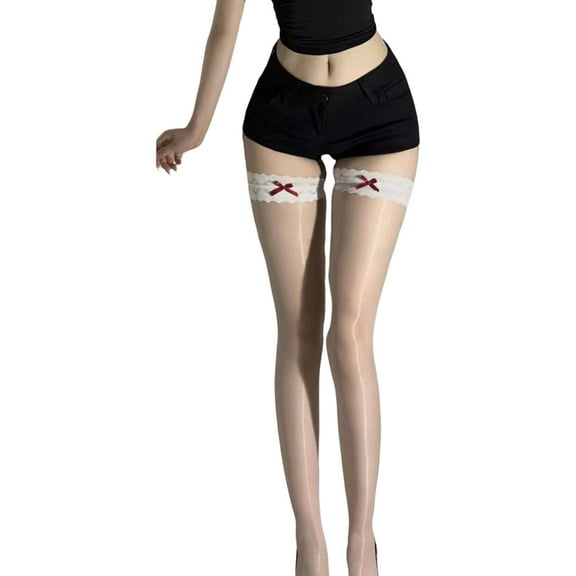 Huhudde Fashionable Glossy Lace Top Thigh High Stockings with Bowknot Accent Stretchy Oil Shimmery Over Knee Socks for Women