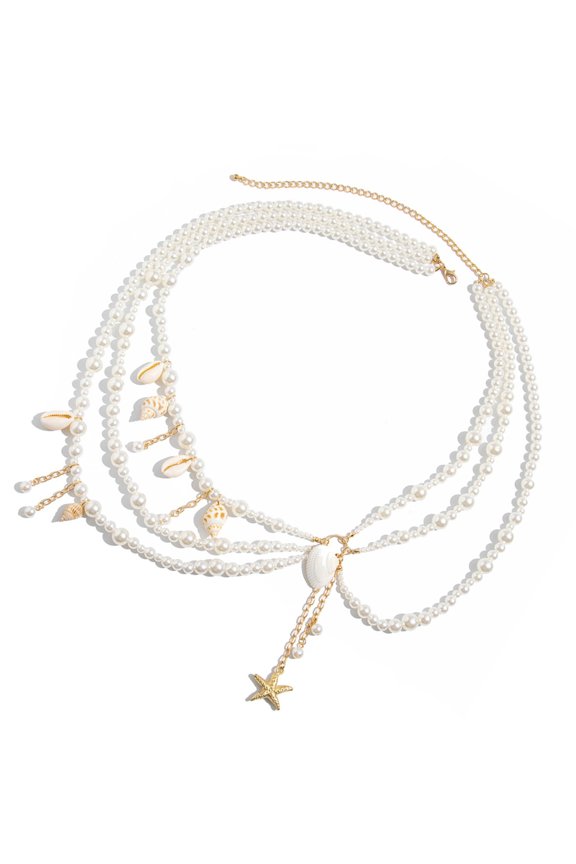 Fashionable Women's Waist Chain/Body Chain Belt with Shell, Sea Star, and Pearls Detail for Casual and Beachwear Outfit
