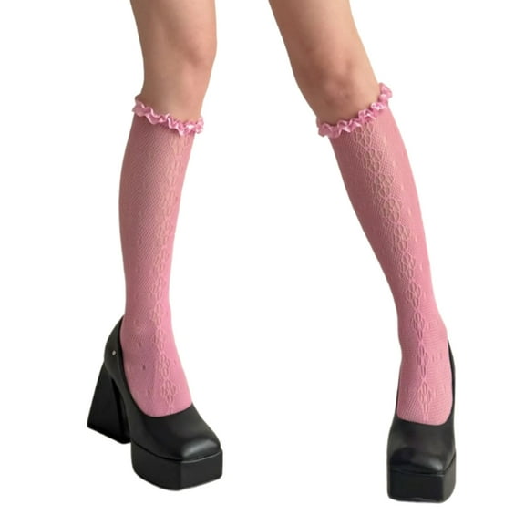 Huhudde Fishnets Knee Highs Stockings Ruffle Trim Frilly Over the Calf Socks Summers Sheer Mesh Knee Highs Socks Streetwear