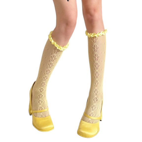 Huhudde Fishnets Knee Highs Stockings Ruffle Trim Frilly Over the Calf Socks Summers Sheer Mesh Knee Highs Socks Streetwear