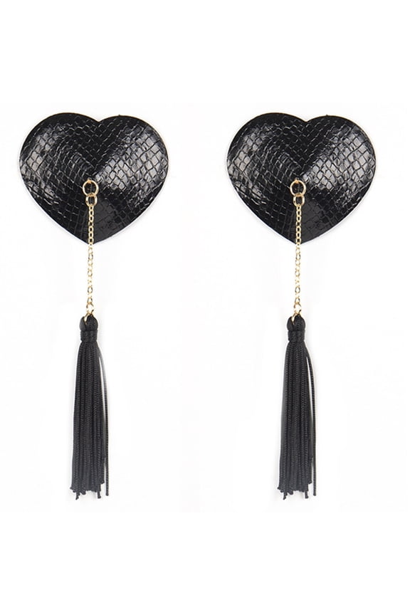 Heart-Shaped PU Leather Nipple Covers with Detachable Tassels, Reusable Adhesive Pasties for Women Parties