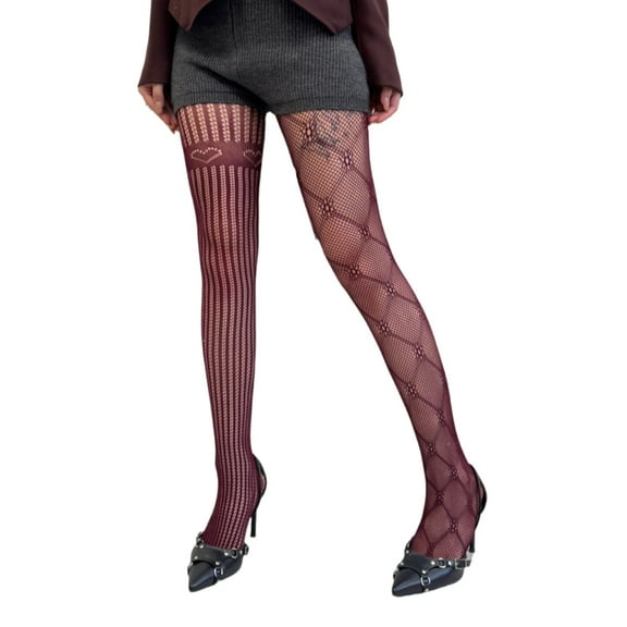 Huhudde Japanese Women's Fishnets Tights Stockings Aesthetic Asymmetrical Argyle Floral Heart Pattern Hollowout Lace Pantyhose