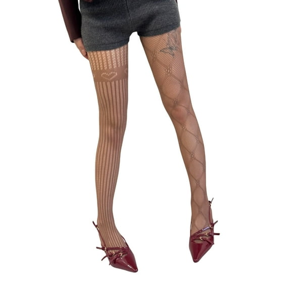 Huhudde Japanese Women's Fishnets Tights Stockings Aesthetic Asymmetrical Argyle Floral Heart Pattern Hollowout Lace Pantyhose