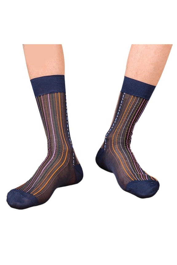 Men's Middle Calf Dress Socks Thin Colorful Striped Design Formal Suit Sheer Silk Socks Hosiery for Business Setting