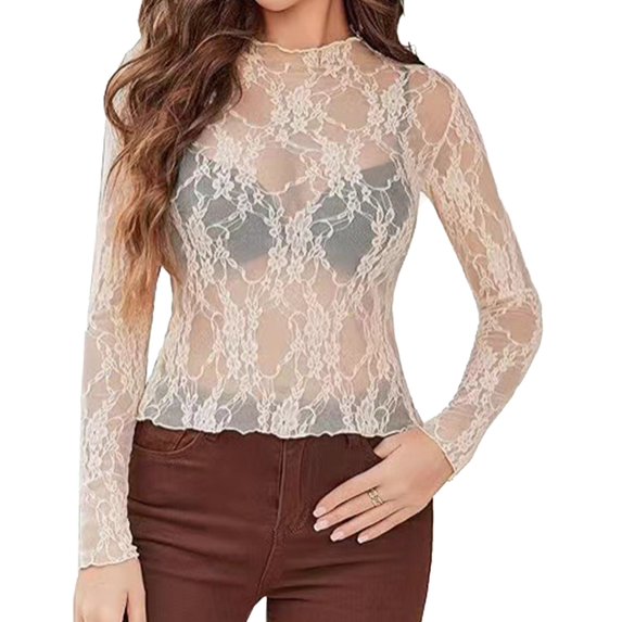 Huhudde Mesh Top for Women Long Sleeve Mock Neck Sheer Blouse See Through Floral Lace Ruffle Trim T-Shirt Fitted Coverup Shirt