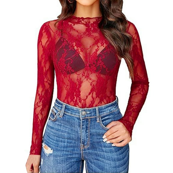 Huhudde Mesh Top for Women Long Sleeve Mock Neck Sheer Blouse See Through Floral Lace Ruffle Trim T-Shirt Fitted Coverup Shirt