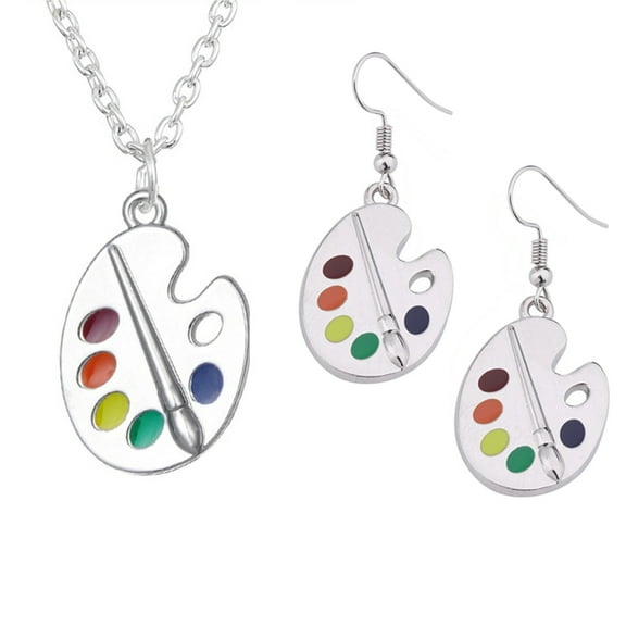 Huhudde Novelty Fun Art Colorful Paint Palette Necklace and Hook Earrings Artist Painter Jewelry Set for Friends Party