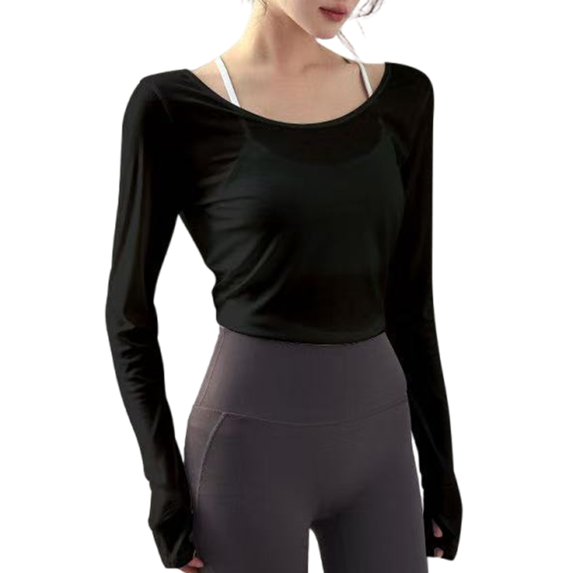 Huhudde Open Back Workout Cropped T-Shirt Stretchy Fabric Casual Clothing Long Sleeve Crewneck Sheer Tie Back Crop Top for Women
