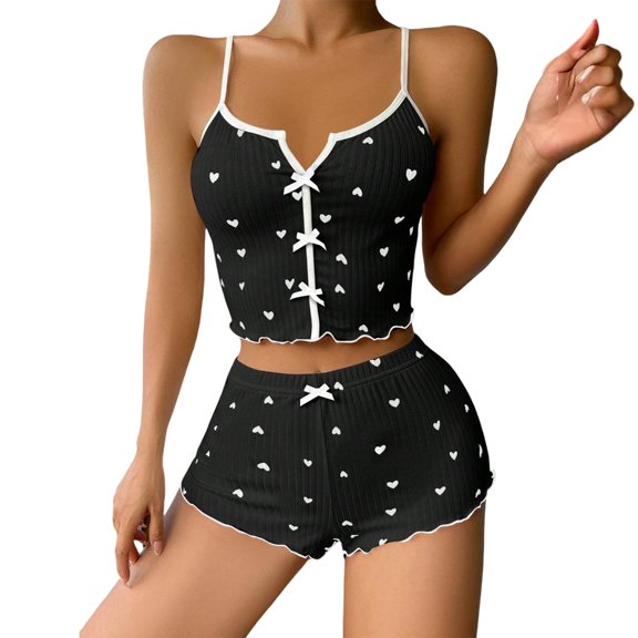 Huhudde Pajamas Sleeveless Summers Lounges Set Heart Printed Nighty Loungewear Soft Tanks Top and Shorts Sleepwear Nightwears