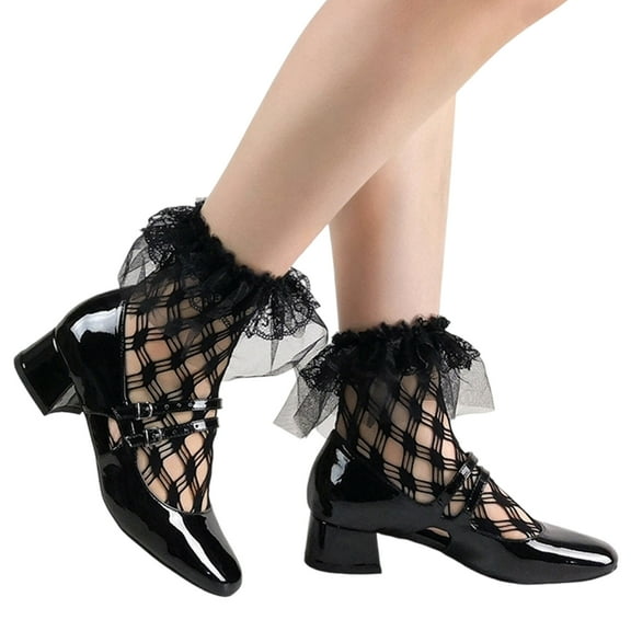 Huhudde Sheer Mesh Rhombus Patterned Short Socks for Women Ruffle Lace Trim Fishnets Ankle Socks for Party and Casual Gatherings