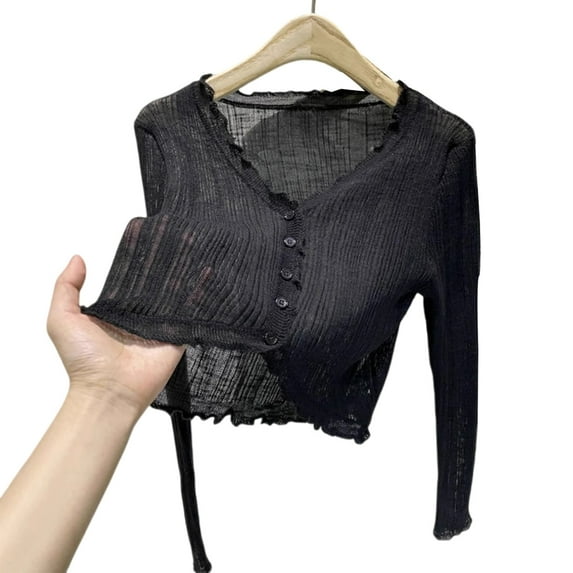 Huhudde Stretchy Ice Silk Cardigan For Women Fitted Long Sleeve Lightweight Knit Crop Top Solid Color V Neck Button Up Outerwear