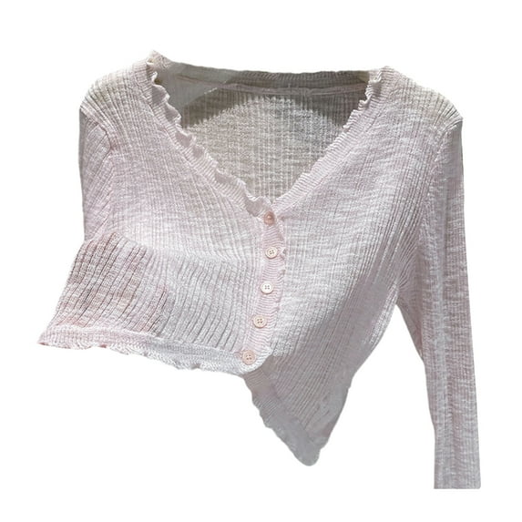 Huhudde Stretchy Ice Silk Cardigan For Women Fitted Long Sleeve Lightweight Knit Crop Top Solid Color V Neck Button Up Outerwear