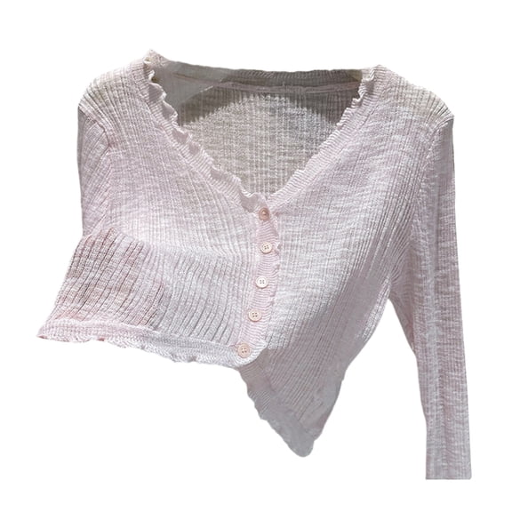 Huhudde Stretchy Ice Silk Cardigan For Women Fitted Long Sleeve Lightweight Knit Crop Top Solid Color V Neck Button Up Outerwear