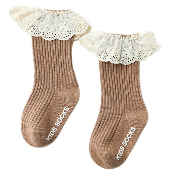 Huhudde Toddler Infant Baby Girls Knee High Socks with Grips Ruffled Lace Patchwork Ribbed Knit Solid Color Non-Skid Cotton Long Sotckings 0-3 Years Old