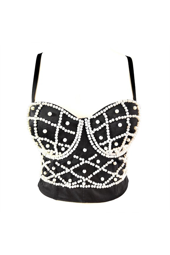 Trendy Pearls Decorated Cami Top With Fishbone Structure Accentuating Feminine Curves Camisole For Night Outfits