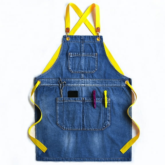 Huhudde Unisex Jean Bib Apron for Cross Back Adjustable Washed Denim Hair Stylist Work A