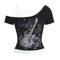 thumbnail image 1 of Huhudde Vintage Aesthetic Women's Short Sleeve Off Shoulder Crop Top With Guitar Graphics Punk Rock Tees Fake Two Piece T-Shirt, 1 of 13