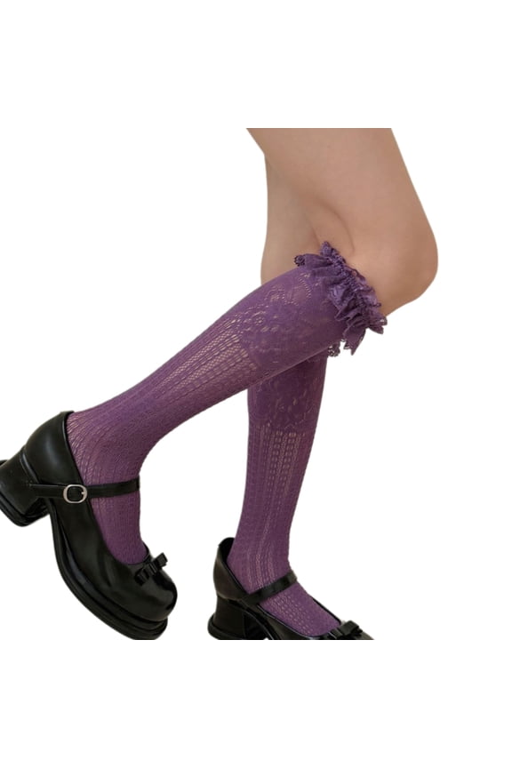 Women Knee Highs Stocking Hollow out Calf Socks Fishnets Stockings Sheer Trouser Socks Ruffle Frilly Knee Highs Socks