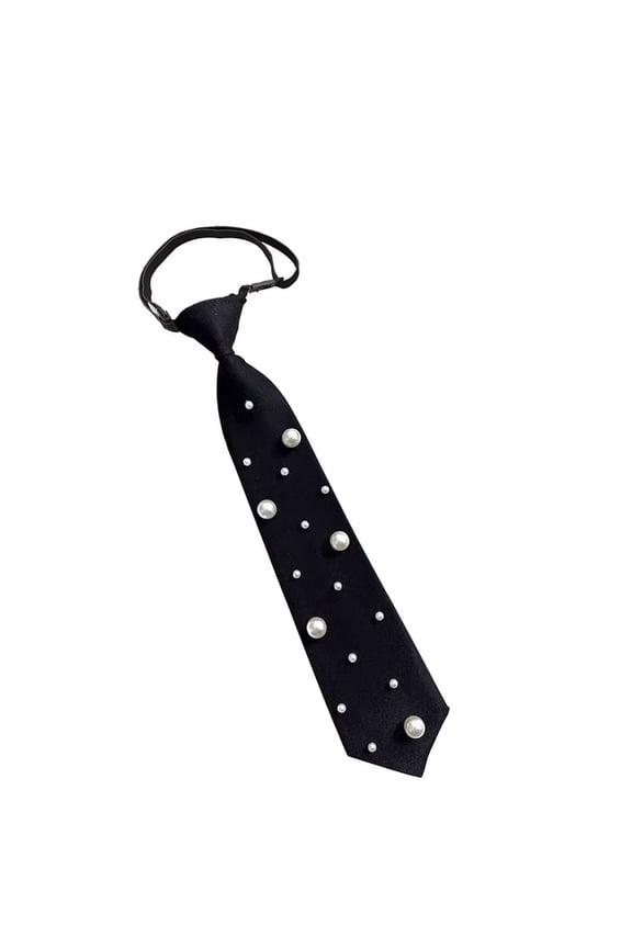 Women Luxury Pearls Accent Necktie Polyester Fabric Pre Tied Black Neck Tie for Business Professional Or Casual Attires