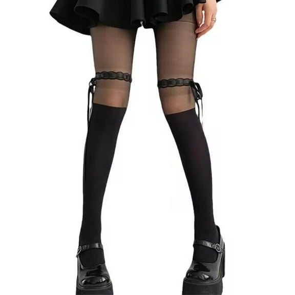 Huhudde Women Mock Kneehigh Stockings Sheer Opaque Tights with Sweet Ribbon Bows Patterned Patchwork Pantyhose Leggings Hosiery