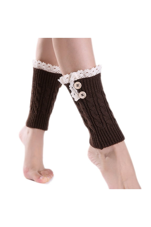 Women Winter Cable Knit Boot Cuffs Toppers Ruffled Lace Trim Double Button Twist Chunky Crochet Short Socks Thermal Leg Warmers