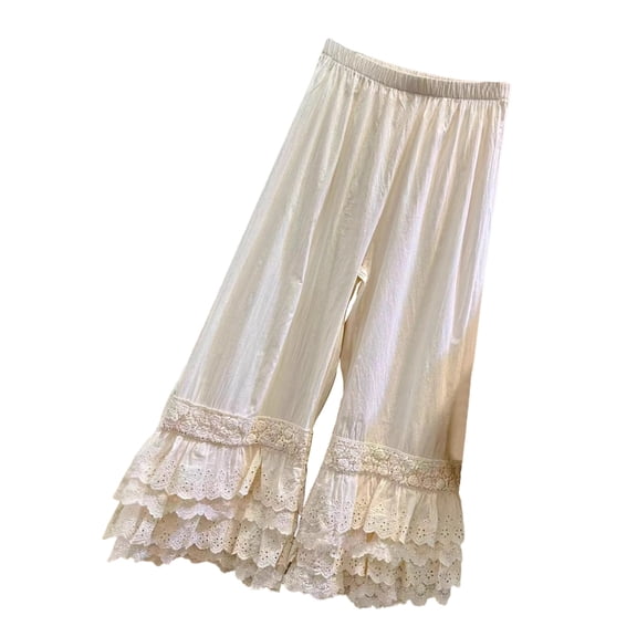 Huhudde Women's Elastic Waist Pettipants Culotte Layered Ruffle Lace Trim Wide Leg Pants Under Dress Long Bloomers Underpants