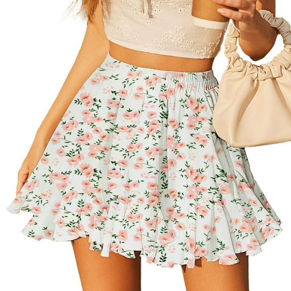 Huhudde Women's High Waist Ruffle Minis Skirt Casual Floral Print Tiered Short Skirt High Waist Ruffle Flared Skaters Skirt