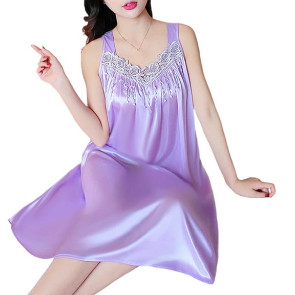 Huhudde Women's Ice Silk Pleated Nightgowns V Neck Sleeveless Sleep Dress Sleepshirt Nightdress Loose Sleepwear Nightshirt