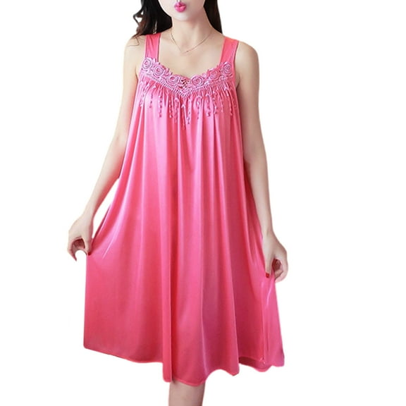 Huhudde Women's Ice Silk Pleated Nightgowns V Neck Sleeveless Sleep Dress Sleepshirt Nightdress Loose Sleepwear Nightshirt
