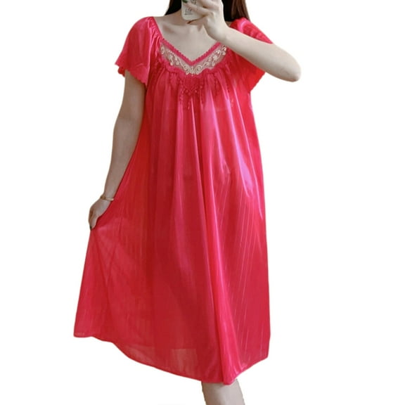 Huhudde Women's Long Ice Silk Nightgown,Summers Short Sleeve Sleep Dress Nightdress Casual Loose Chemise Sleepwear Sleepshirt