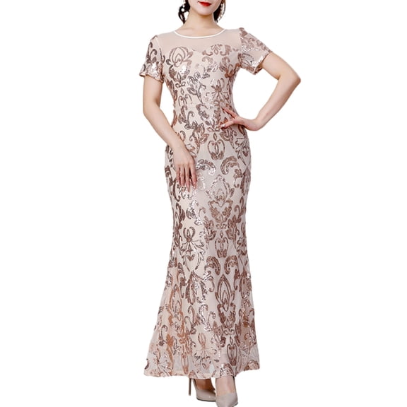 Huhudde Women's Shimmering Sequins Mesh Fishtail Evening Dress Short Sleeve Bodycon Ruffled Flared Gown For Formal Occasion