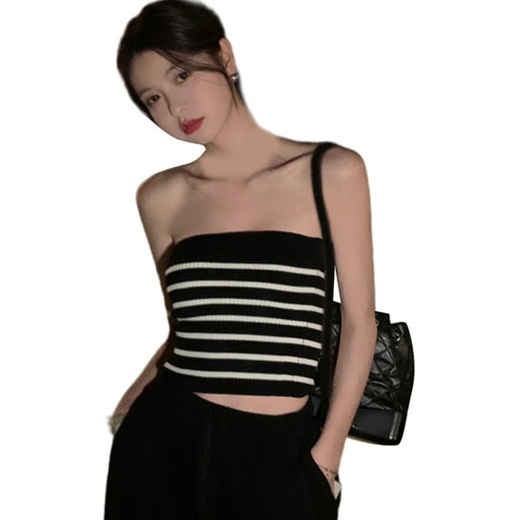 Huhudde Women’s Sleeveless Striped Crop Tube Top Strapless Backless Ribbed Knit Fitted Bandeau Vest for Casual Going Out Shirt
