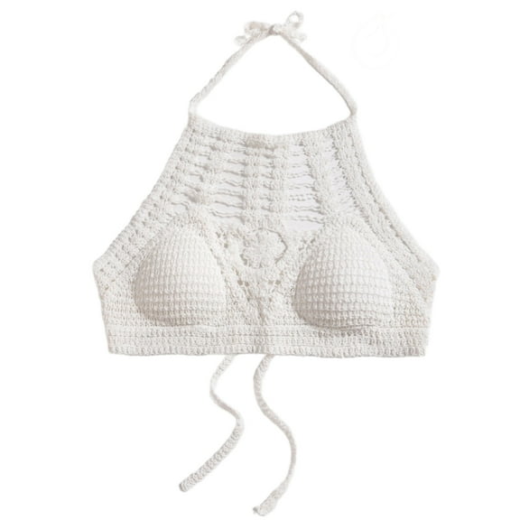 Huhudde Women's Strappy Backless Crop Top Embroidery Crochet Knit Halterneck Bra Beach Bralette Camisole with Chest Pad