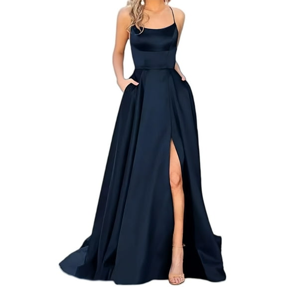 Huhudde Women's Strappy Backless High Slit Dress with Pockets Cocktail Dress Elegant Floor Length Dresses for Evening Party