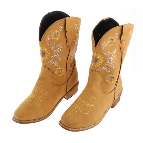 Huhudde Women's Sunflower Embroidered Cowboy Cowgirl Boots Western Square Toe Boots